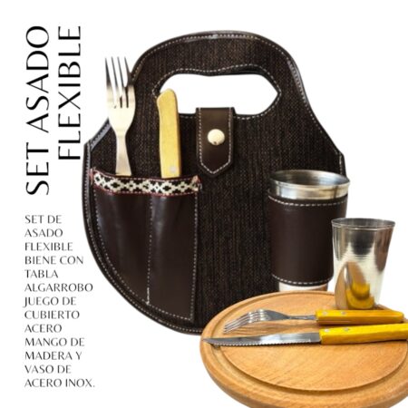 Set de Asado eco cuero y tela cuadrille marron